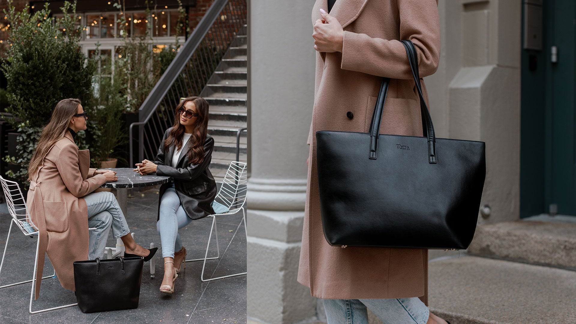 A women leaving the office carrying a black work tote bag in New York city