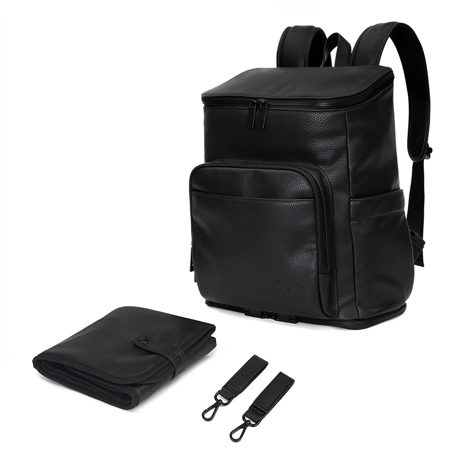 A black leather nappy bag backpack with black zippers on white background with nappy change mat, and pram clips.