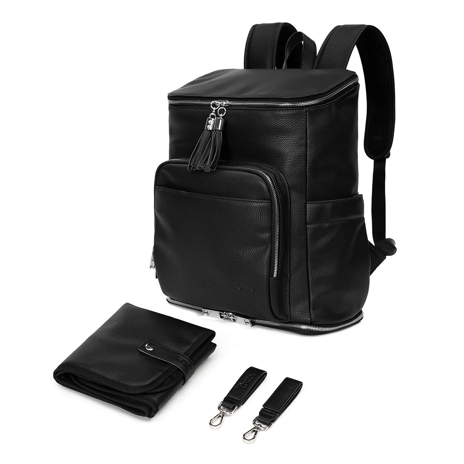 Complete set of black leather nappy backpack with silver hardware, including matching black pram clips with silver accents and a black change mat secured with a silver button from Tottie