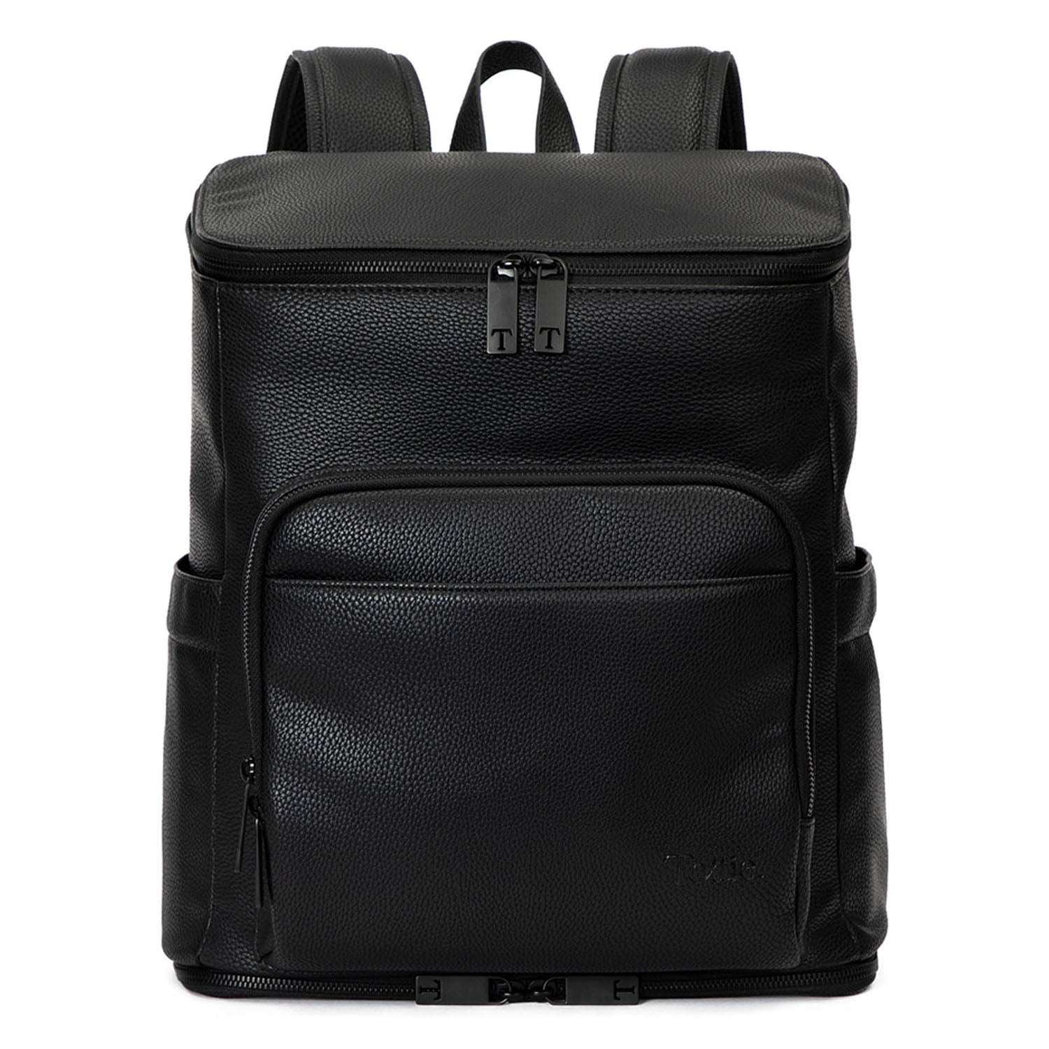 A black leather baby bag backpack with black zippers on white background