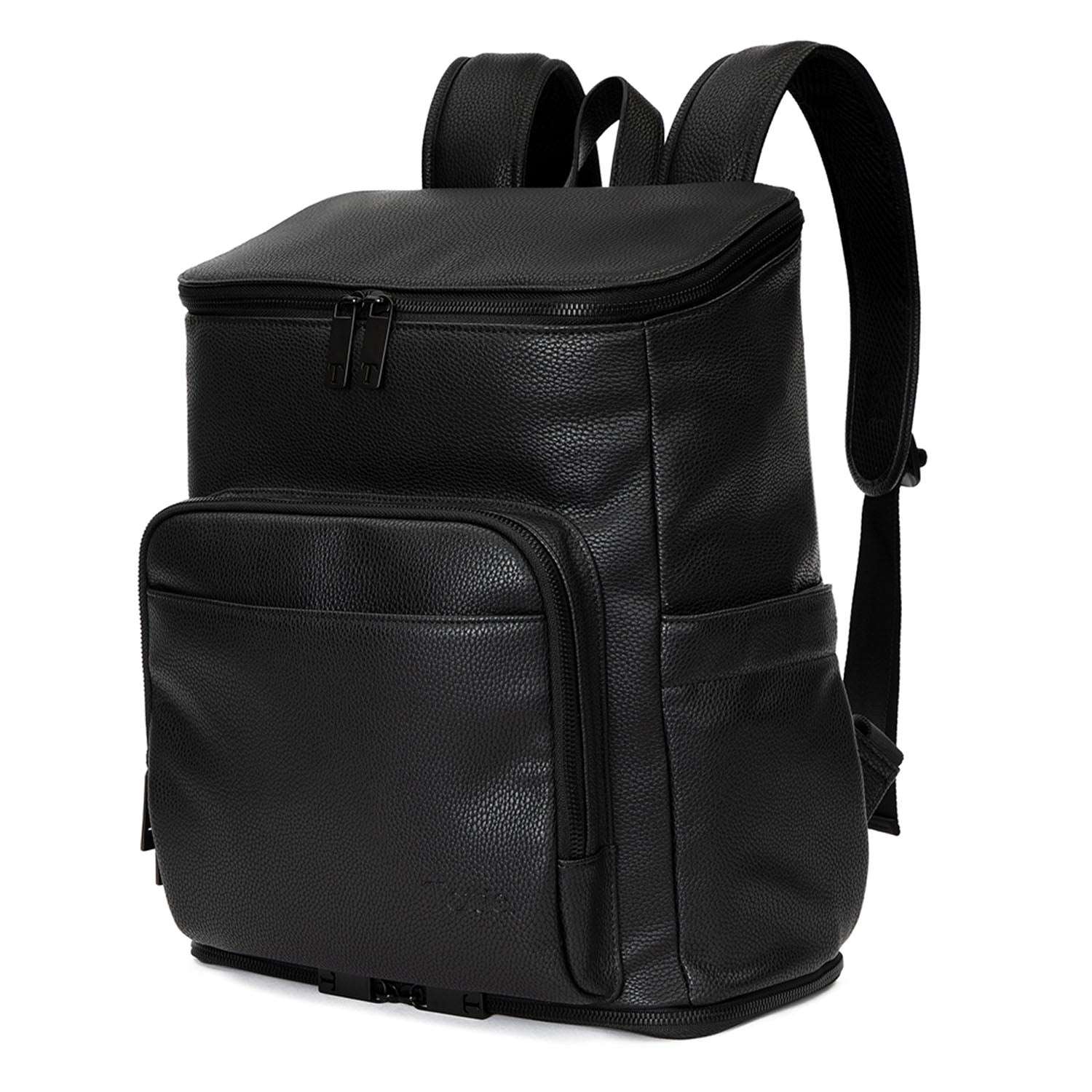 A black leather baby bag backpack with black zippers on white background