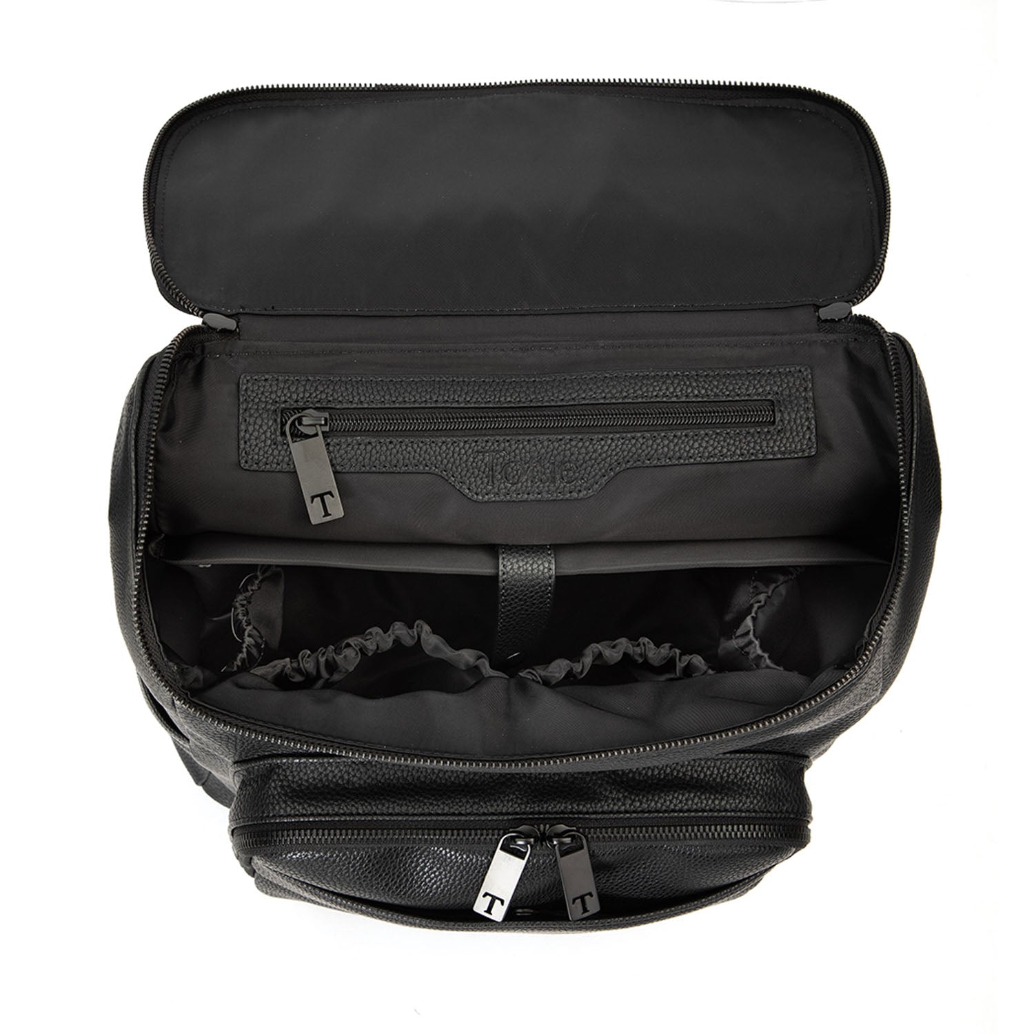 Black nappy backpack with black hardware, unzipped to reveal the main compartment, on a white background