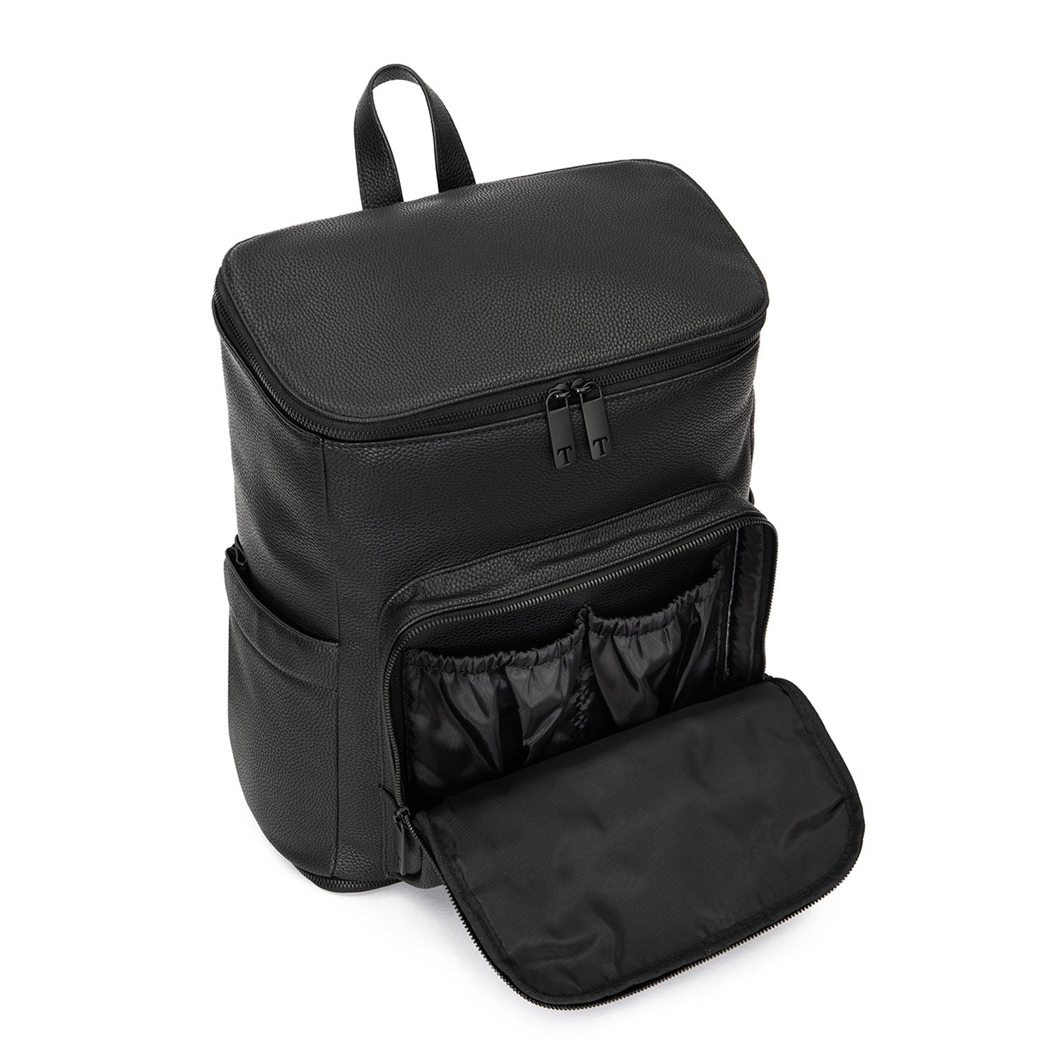 Black leather nappy backpack from Tottie with the black zipper unzipped