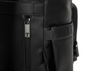 A black leather baby bag backpack with black zippers on white background