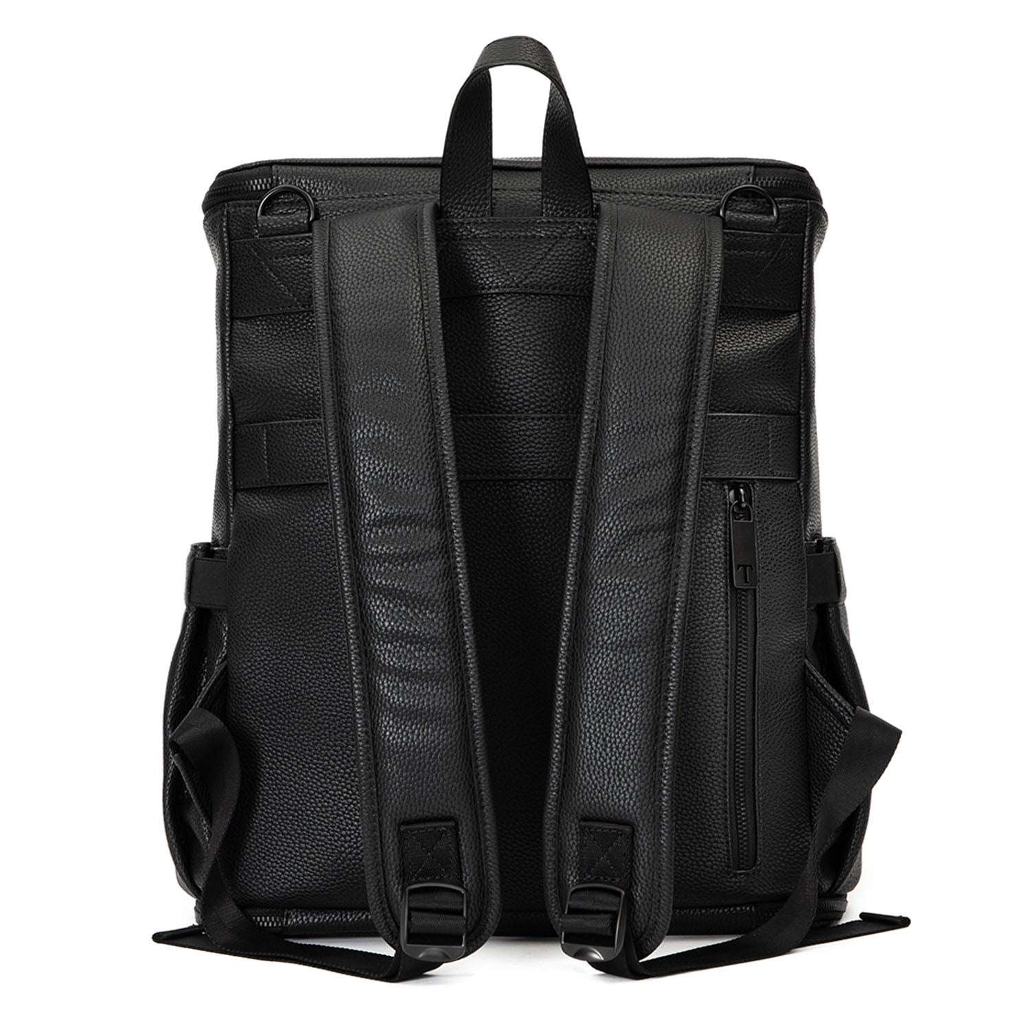 A black leather baby bag backpack on white background