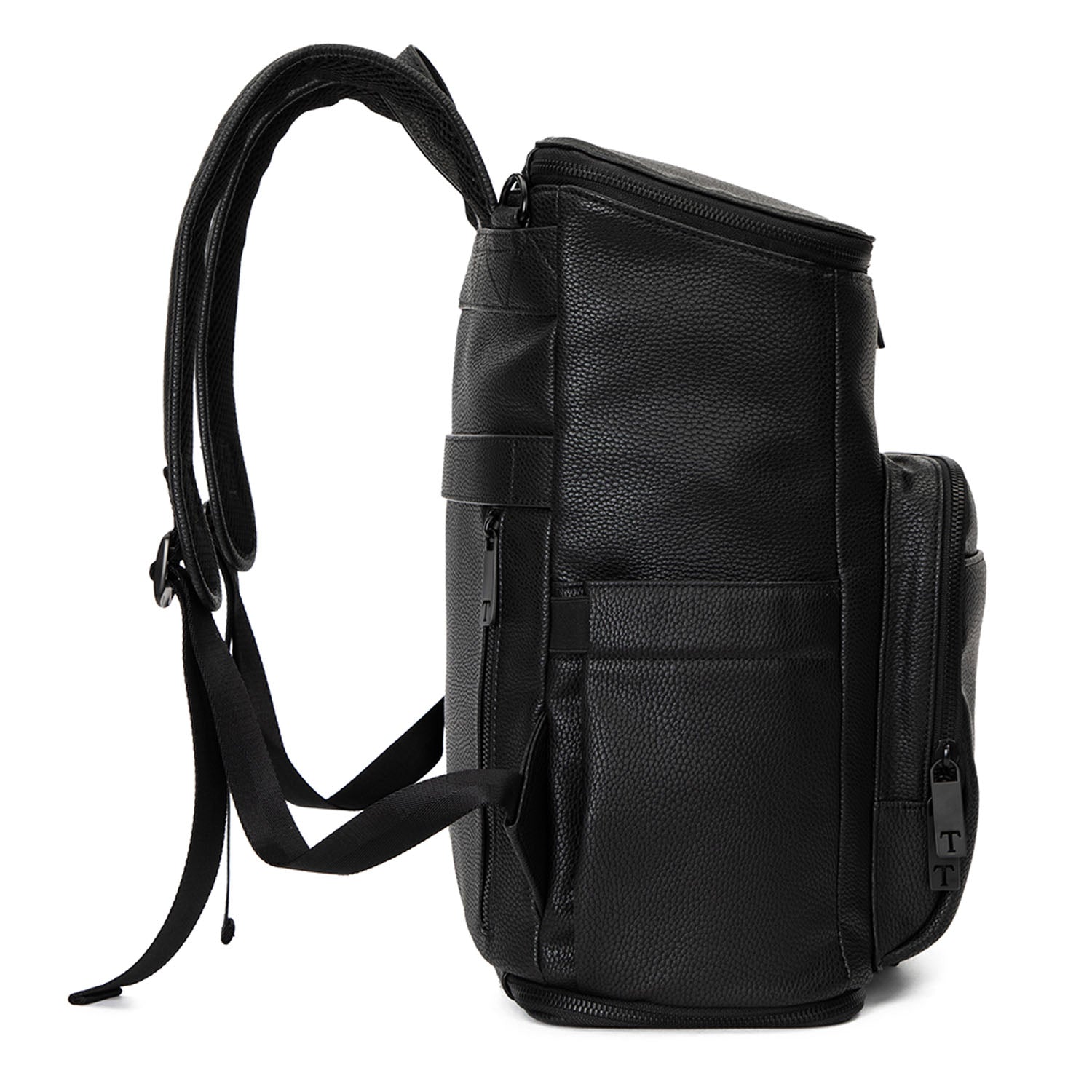 Black leather nappy backpack from Tottie with a black zipper, viewed from the side.