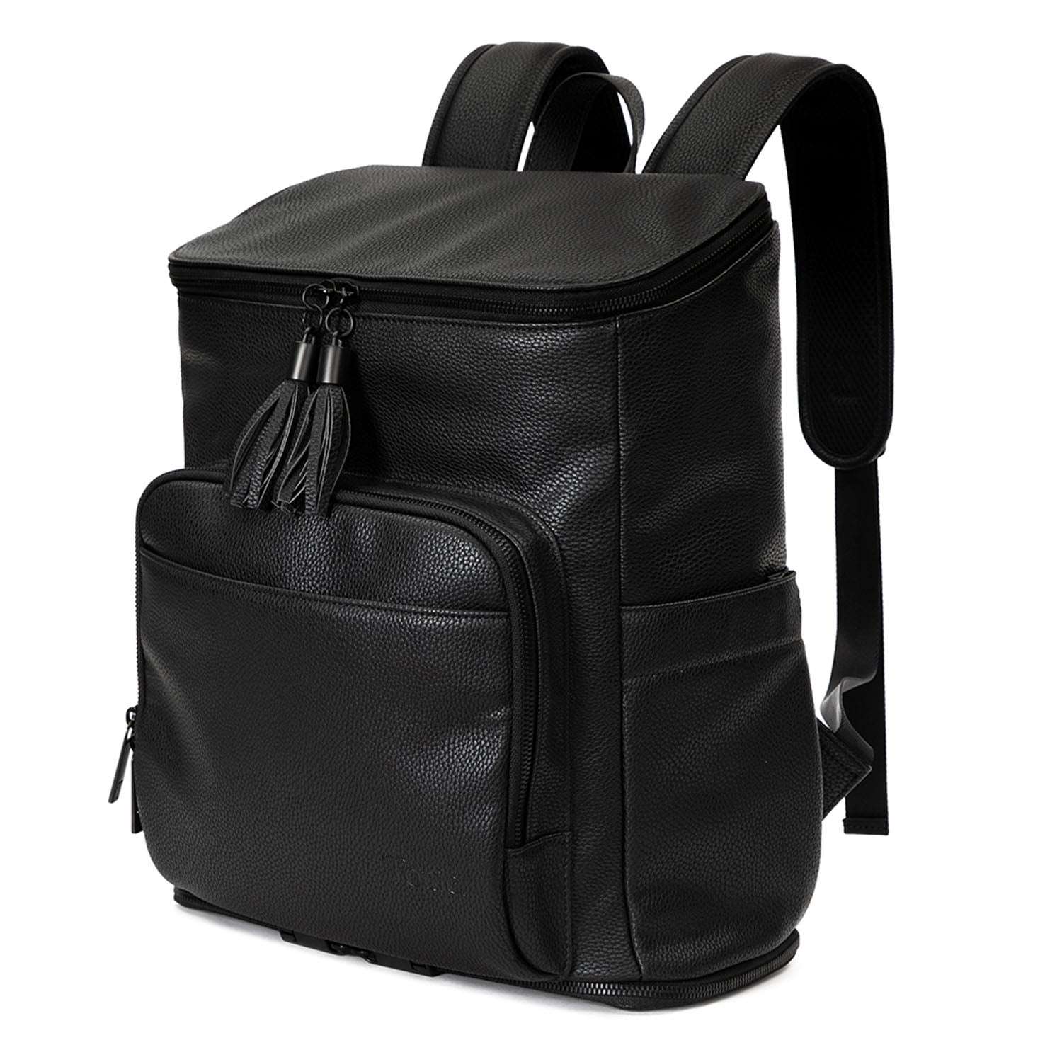 A black leather baby bag backpack with black zippers on white background