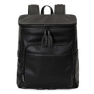 A black leather baby bag backpack with black zippers on white background