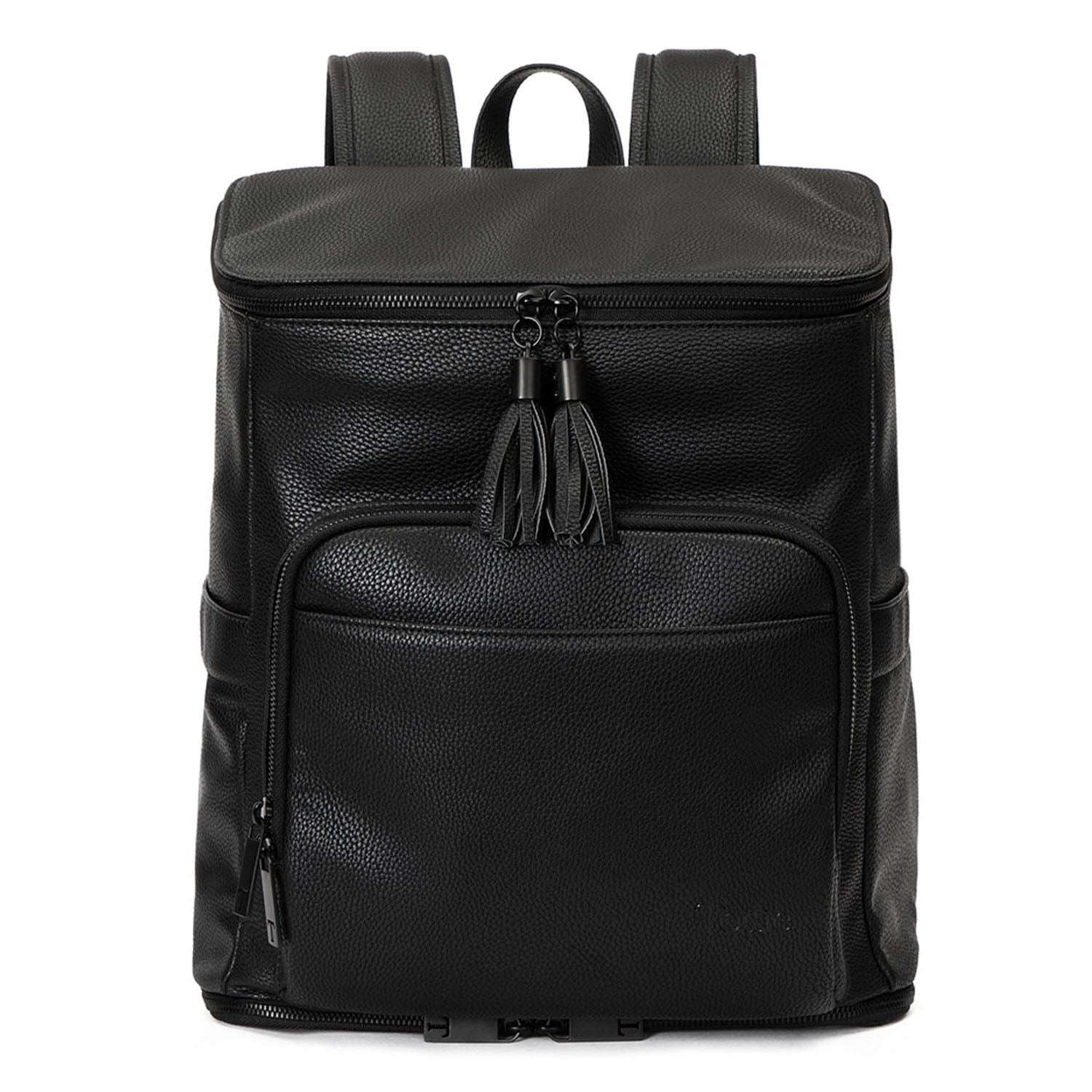 A black leather baby bag backpack with black zippers on white background