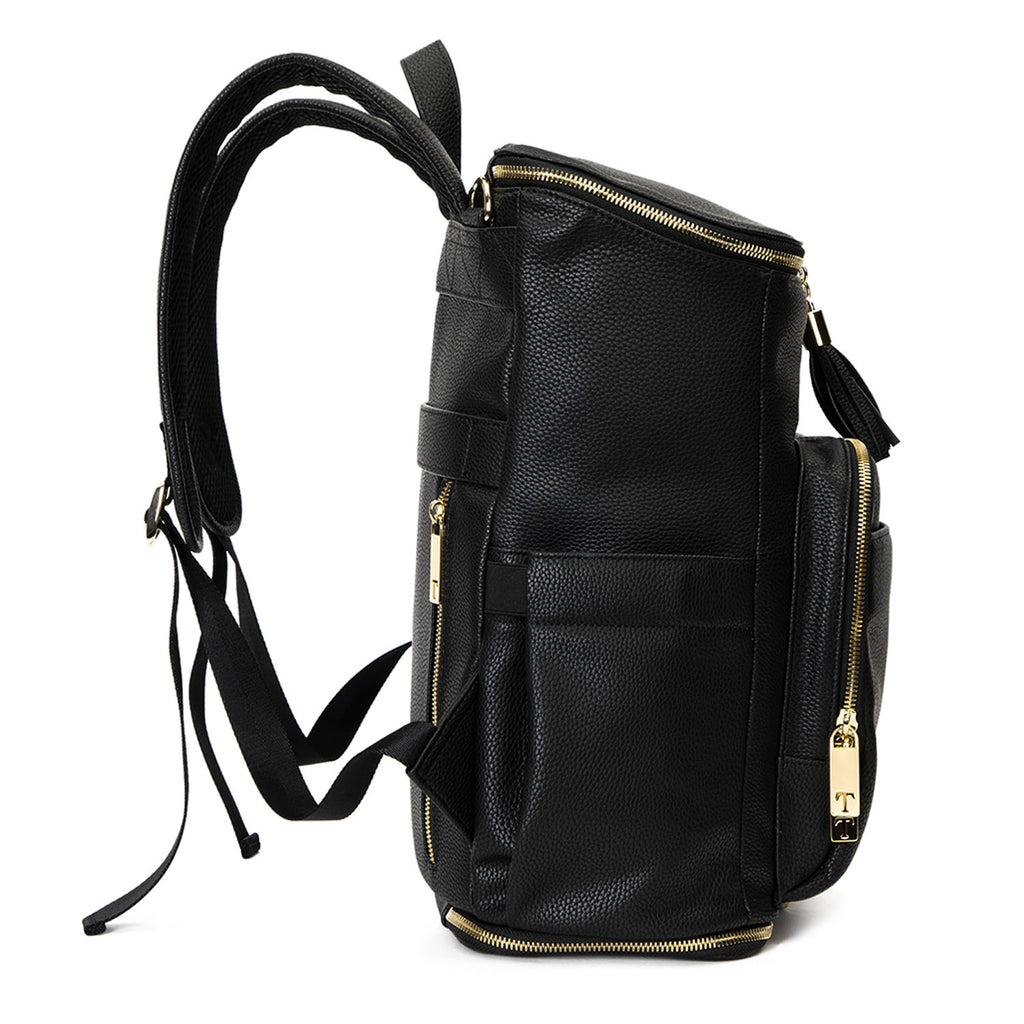 A black leather baby bag backpack with gold zippers on white background