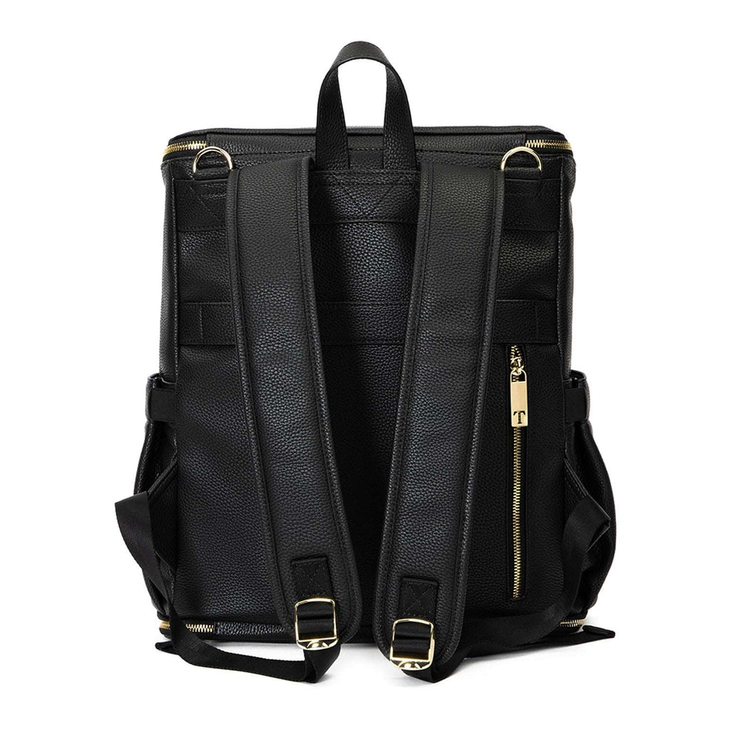 A black leather baby bag backpack with gold zippers on white background