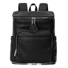 A black leather baby backpack with silver zippers on white background