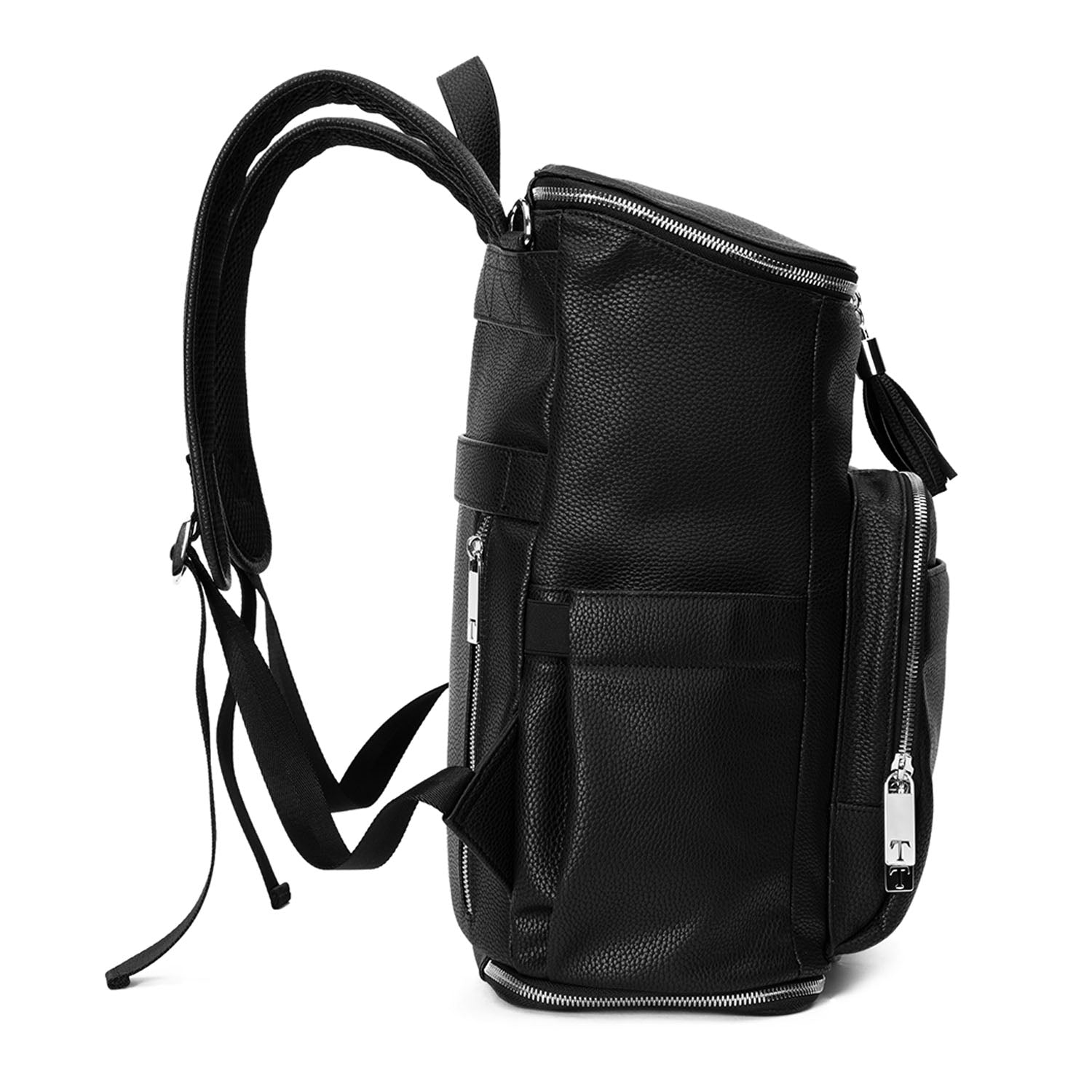 Right side view of a black leather nappy backpack with a silver zipper from Tottie