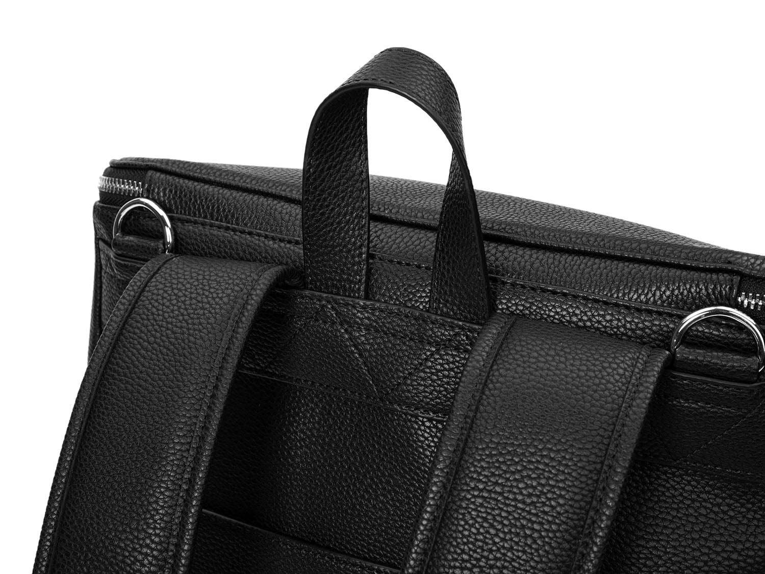 A black leather baby backpack with silver zippers on white background