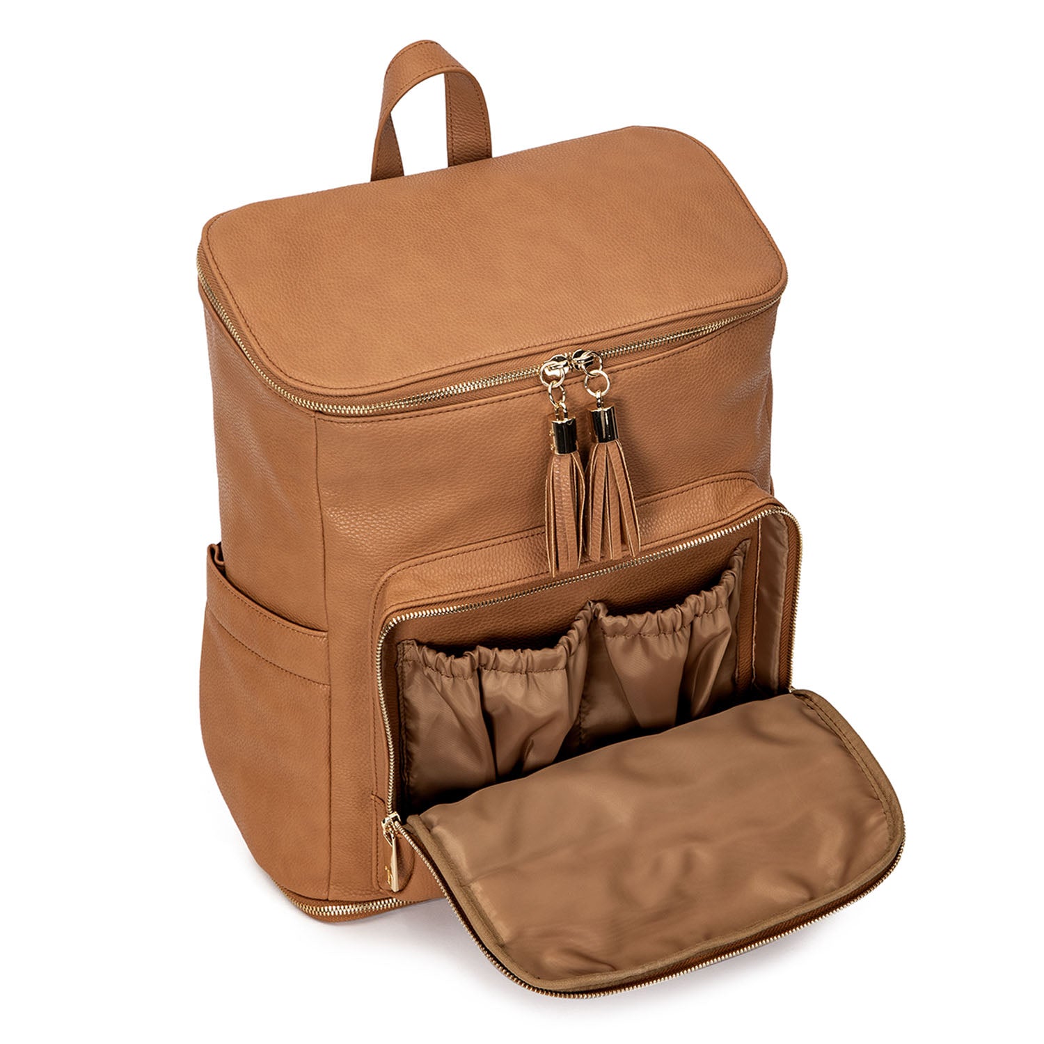 Unzipped tan-colored nappy backpack from Tottie with gold hardware displayed against a white background