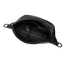 unzipped black bum bag with black hardware on white background