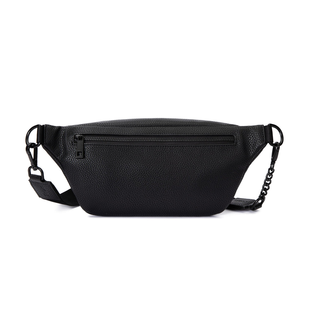 A Bum Bag in black leather with black hardware on white background